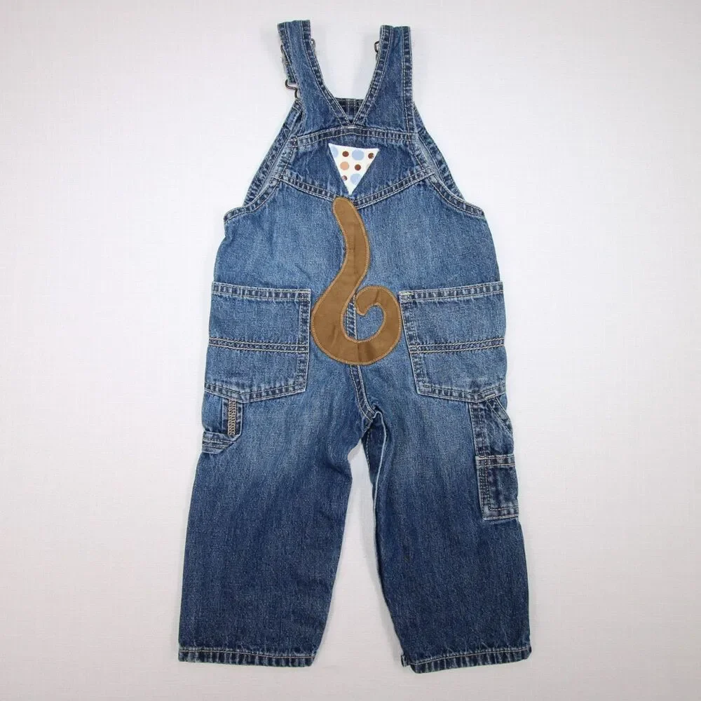 OshKosh B'Gosh Baby Boy Size 12 Months Monkey See Monkey Do Blue Denim Overalls